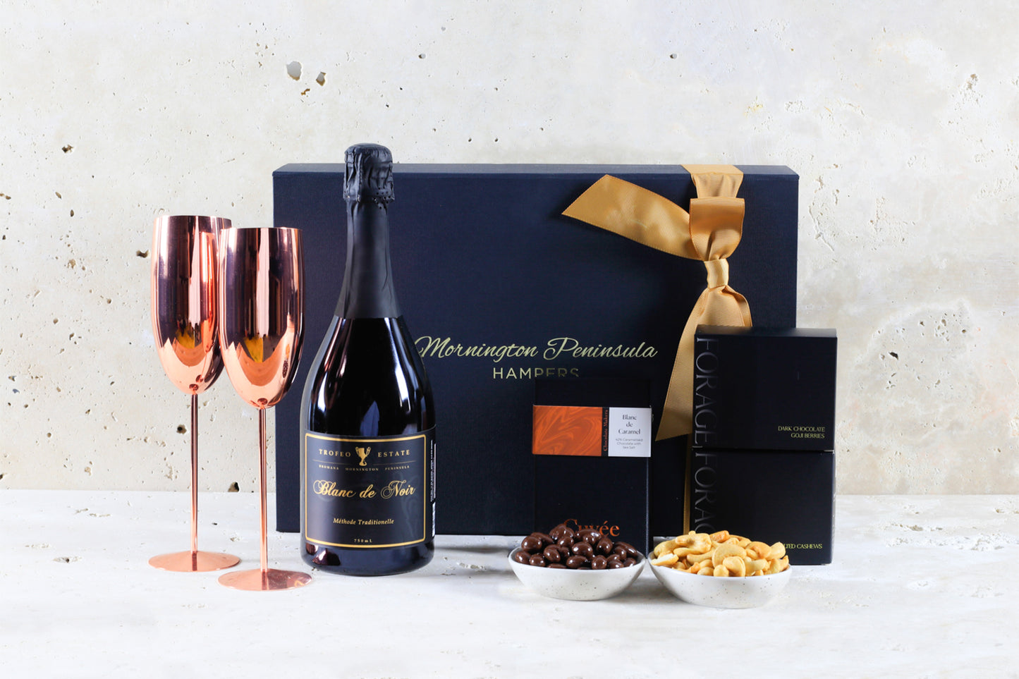 A Toast with Trofeo Mornington Peninsula Sparkling Wine gift hamper with chocolates and gourmet treats