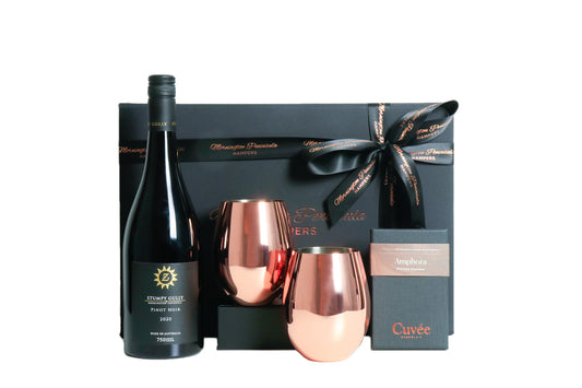 A Perfect Pair - This stunning pair or copper plated stainless steel wine glasses are a perfect special occasion gift. Premium Mornington Peninsula Wine from popular local vineyard Stumpy Gully Winery. Hand crafted, ethically produced small batch artisan dark chocolate for the wine and chocolate connoisseur from Cuvee Chocolate makes this a special and unique gift for a loved one.